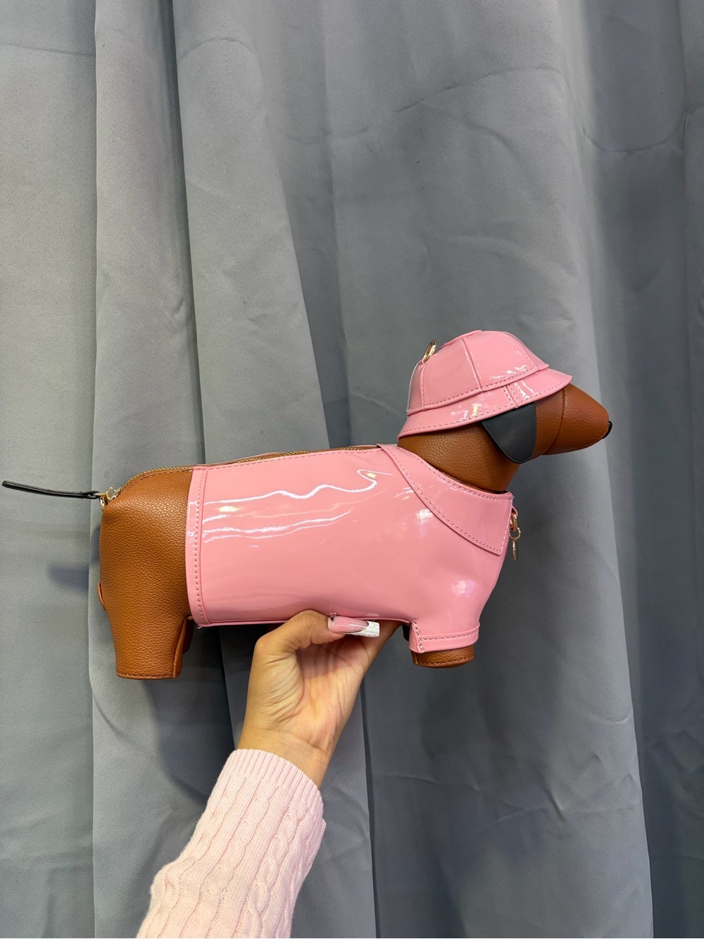 Novelty Dachshund Dog Crossbody Bag in Pink and Brown
